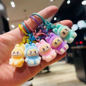 6 PCs Handmade Fuzzy Labubu Keychain-Cute Monster Bunny Key Rings-Backpack Charm